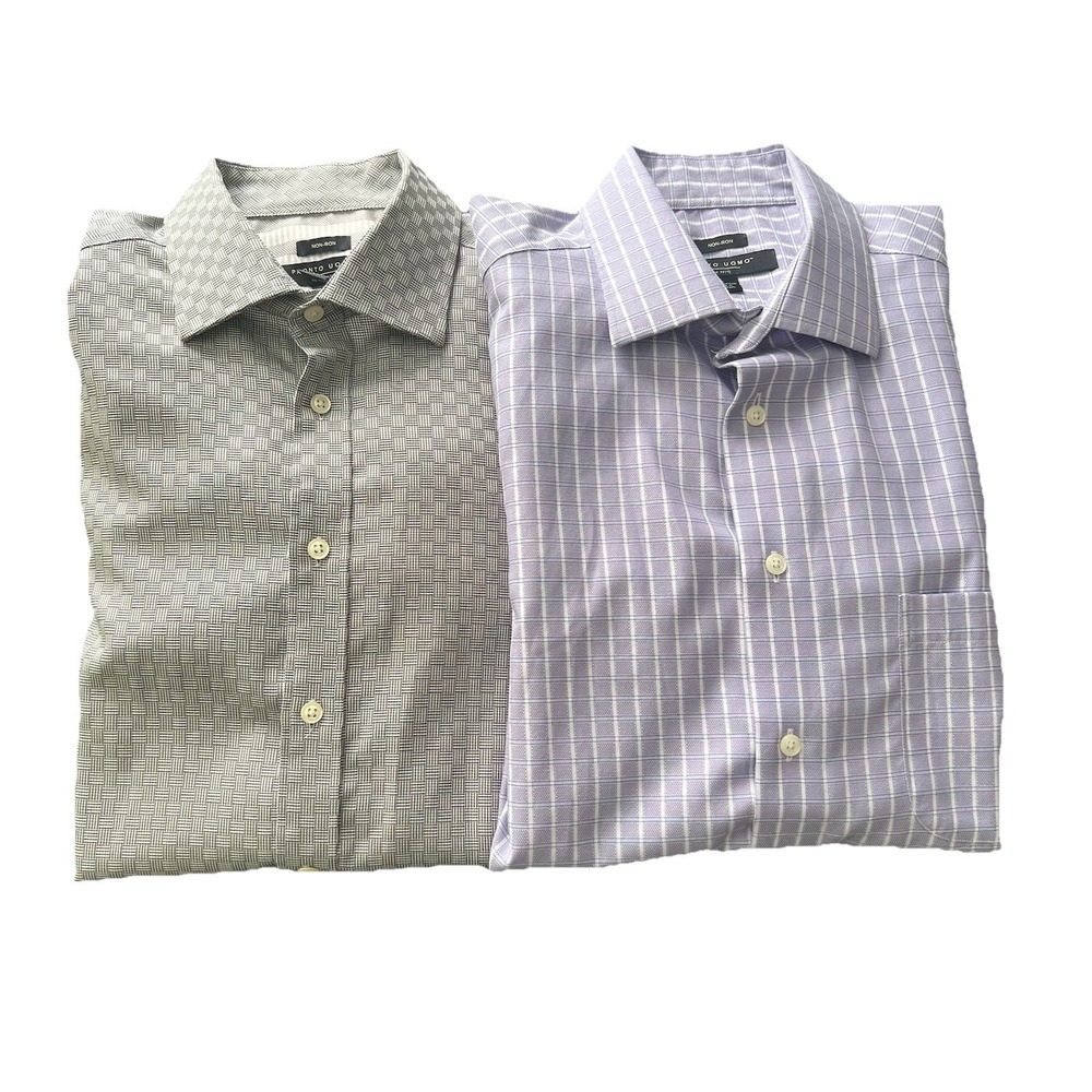 Pronto‎ UOMO Lot Of 2 Men's Dress Shirts LS Non-Iron BD Preppy Business Office L